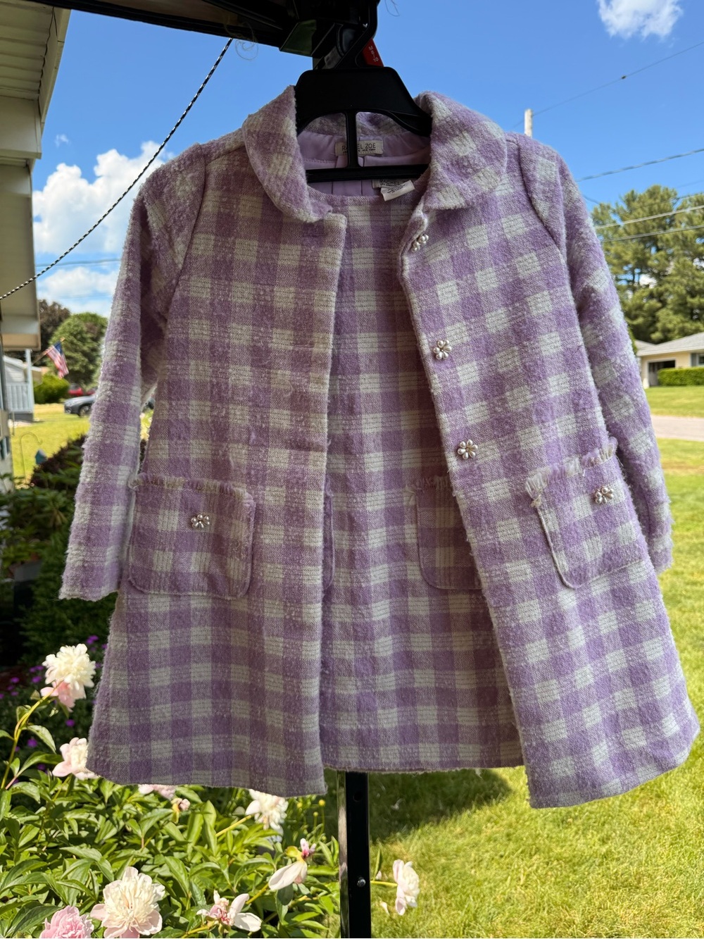 Rachel Zoe Lavender Plaid Bouclé Coat with Pearl Buttons & matching dress